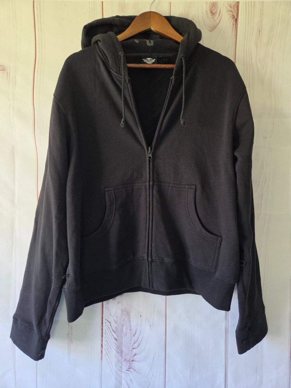 Harley Davidson Solid Black Full Zip Hoodie, Skull Logo, Men’s L, Classic fleece